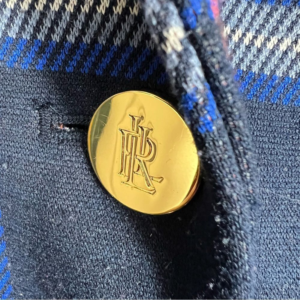 Lauren Ralph Lauren Navy Blue Plaid Blazer | Gold Logo Engraved Buttons - Picture 9 of 10